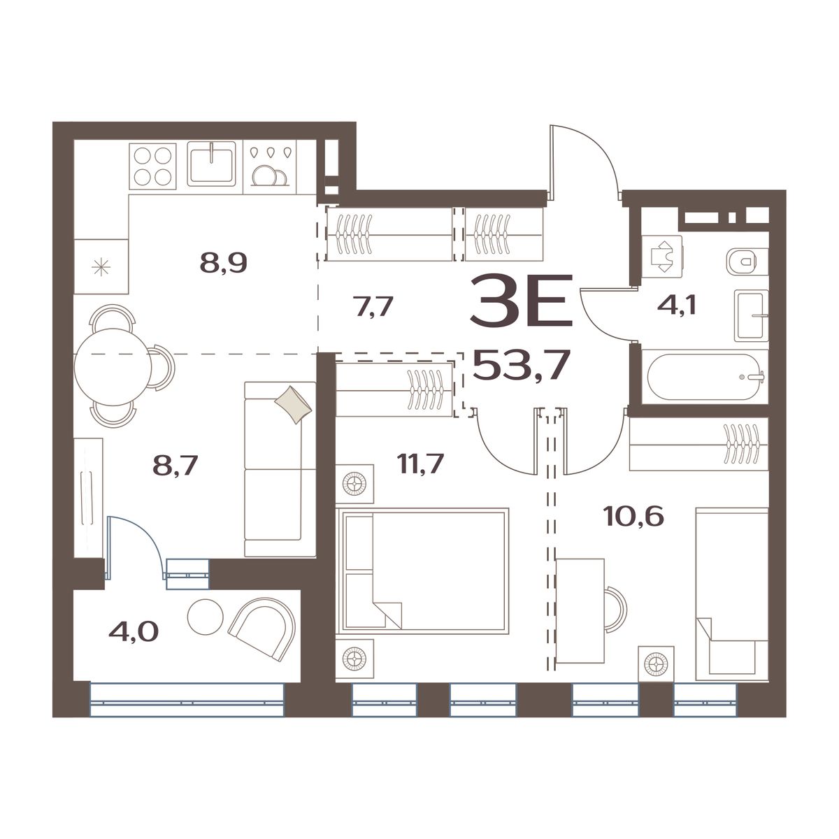 ЖК Меридианы Улисса, 2-комн кв 53,7 м2, за 7 716 000 ₽, 2 этаж